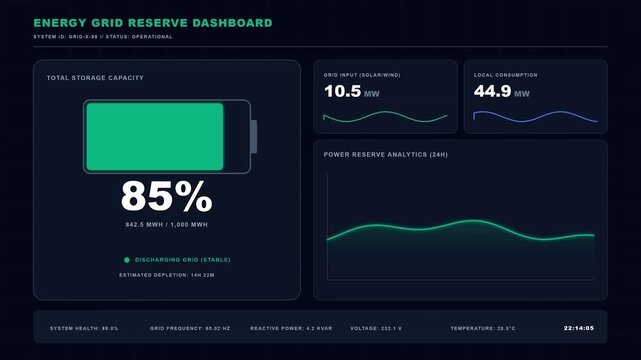 Energy grid reserve dashboard showing real-time data with increasing and decreasing percentages and dynamic line graphs illustrating power usage trends