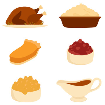 Flat vector illustration of Thanksgiving holiday food dishes