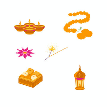 Flat vector set of Diwali festival icons with diyas and rangoli