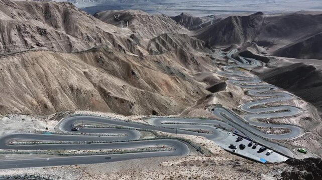 Winding panlong ancient road in Xinjiang mountains