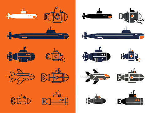 Submarine and deep sea submersible icons set featuring underwater naval exploration vehicles