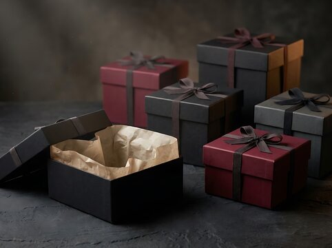 Wrapped gift boxes in black and burgundy with ribbon bows on a dark surface packaging cardboard container surprise