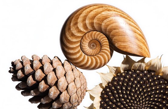 Nautilus shell with pinecone and sunflower seeds arranged on a white background sea creature still life high resolution botanical symmetrical gastropod curiosity decorative lighting