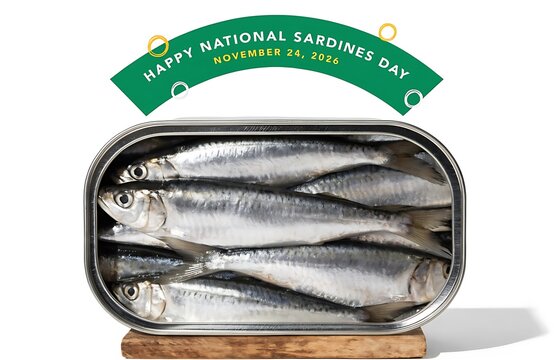 National sardines day greeting banner with canned fish nutrition ingredient packaging container background horizontal typography celebration template