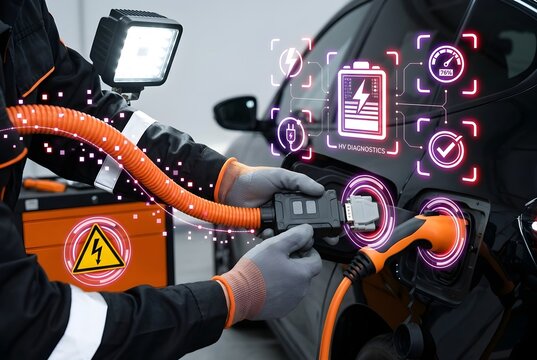 A technician charges an electric vehicle with a high-voltage cable in a service station.