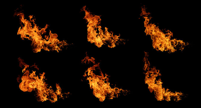 Collection of six realistic fiery flame explosion textures burning on a black background. Concept of abstract fiery element set, dramatic fire energy overlay, and blazing bonfire design.