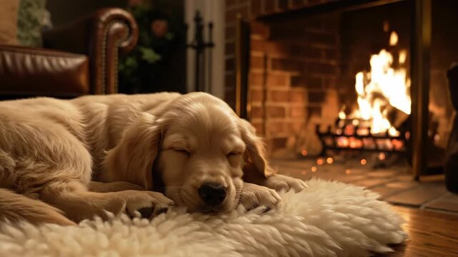 The Image Shows A Golden Retriever Dog Sleeping On A White Fluffy Rug In