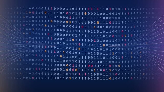 Binary code stream flowing smoothly across abstract dark blue cyberspace background displaying futuristic digital data communication