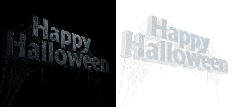 3d happy halloween text with spider webs isolated on transparent background