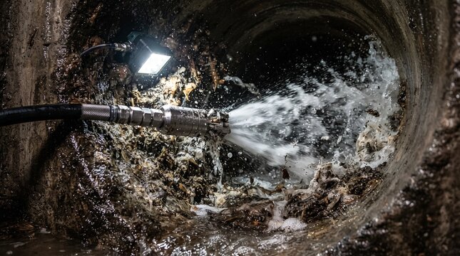 High pressure water jet cleaning inside a blocked sewer pipe