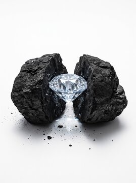 Rough black coal split open revealing sparkling diamond core, unlocking hidden potential and value creation concept on white background