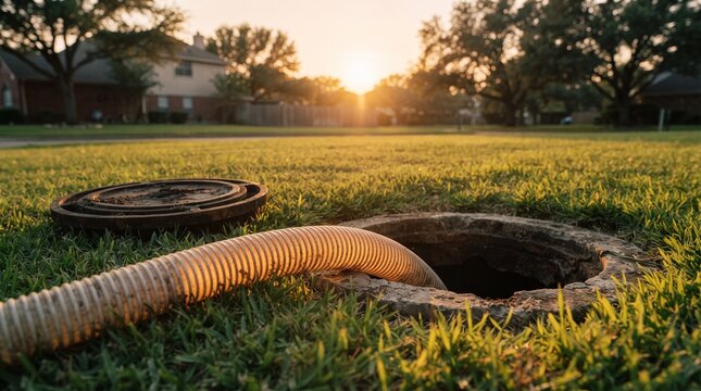 Septic tank being pumped with a hose in a green lawn at sunset