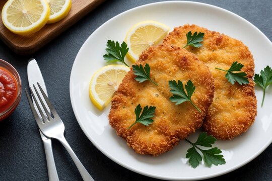 Crispy breaded schnitzel served on white plate with lemon slices, fresh parsley. Golden fried meat cutlets look delicious for lunch dinner. Homemade veal pork escalope dish with herbs, citrus on dark