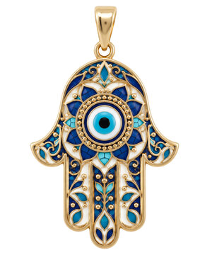 Golden hamsa hand pendant with blue enamel and evil eye charm isolated on a white background