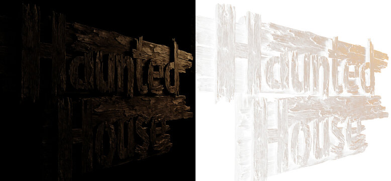 Haunted house sign made of old weathered wooden planks isolated on transparent background