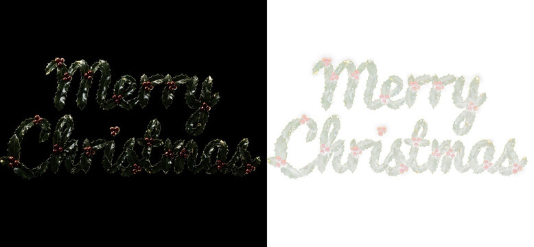 Merry christmas text made of holly leaves and red berries isolated on transparent background
