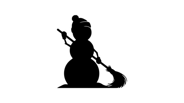 Black silhouette of a snowman in a knit hat sweeping with a broom
