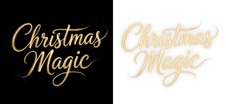 Christmas magic gold calligraphy lettering on black and white isolated on transparent background