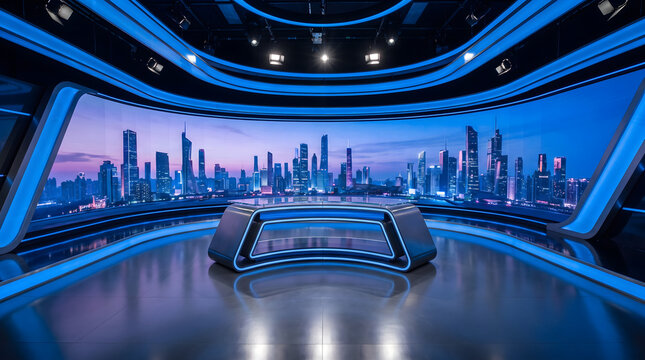 Modern futuristic virtual television set with curved screen displaying city skyline and news desk for broadcast