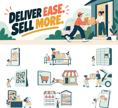 Ecommerce Order Fulfillment and Delivery Logistics Vector Illustration Set