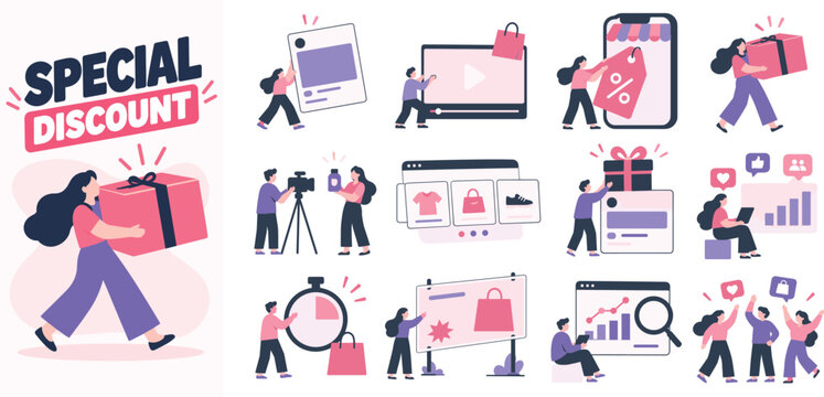 Special Discount Vector Illustration Set with E-Commerce Retail and Promotional Icons