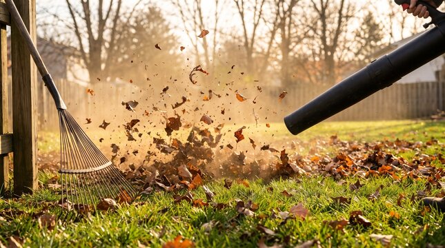 Autumn yard cleanup with leaf blower and rake on green grass