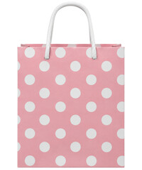 Pink paper shopping bag with white polka dot pattern and white rope handles on white background © Sapphire
