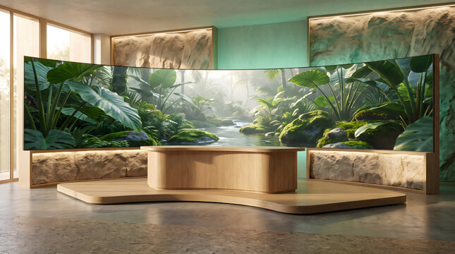 A modern virtual television set with curved screen displaying a lush tropical rainforest nature landscape video background