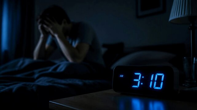 A man sits on his bed holding his head in distress late at night, with a digital clock showing 3:10 AM. 