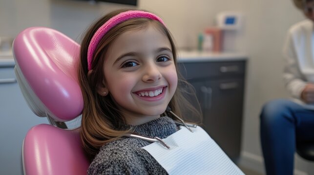 young girl is sitting in a dentist's chair. Children is smiling and enjoying her visit to the dentist
,dentistry, clinic, dental