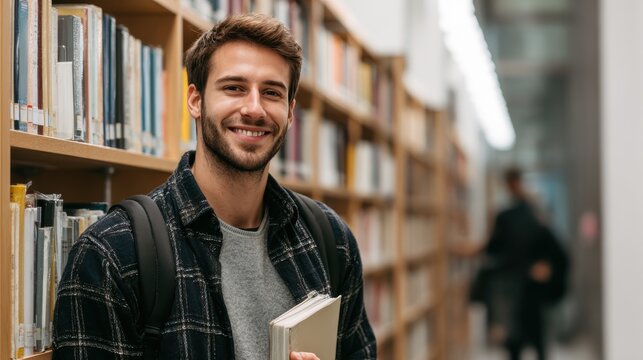 Handsome Smile student man with backpack and books in library, education, university, cheerful, college, happy, standing, school, backpack, attractive, enjoyment, confidence