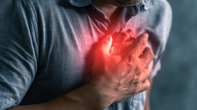 hand hold chest with heart attack symptoms, have chest pain caused by heart disease, leak, dilatation, enlarged coronary heart, press on the chest with a painful expression