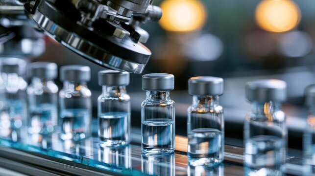 Medical vials on production line at pharmaceutical factory, Pharmaceutical machine working pharmaceutical glass bottles production line, health care, pandemic
