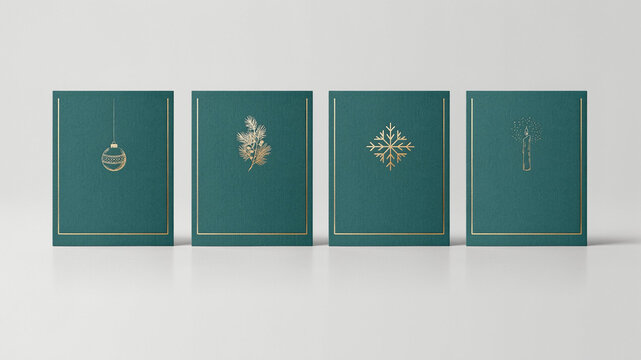 Luxury Holiday Stationery Mockup Featuring Four Deep Green Christmas Cards with Gold Foil Line Art and Minimalist Festive Symbols