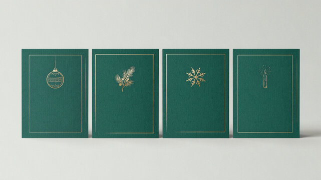 Premium Emerald Green Christmas Greeting Card Set with Champagne Gold Foil Bauble, Pine Branch, Snowflake and Candle Designs on Grey Studio Background