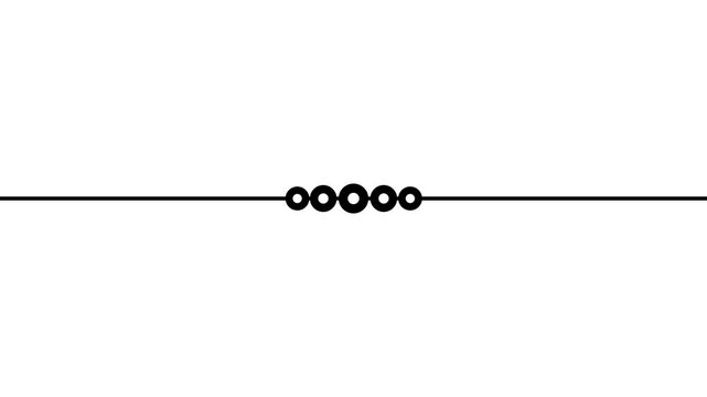 Black horizontal divider line with five graduated ring circles in the center on a white background. Minimalist decorative separator design with a symmetrical ornament, ideal for text breaks