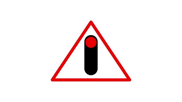 Red triangle warning road sign with a traffic light showing red, yellow and green signals on a white background. Traffic signal ahead caution symbol for road safety, driving.