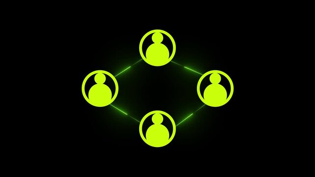 Four glowing lime green neon user profile icons connected by luminous lines in a diamond layout on a dark black background. social network and teamwork concept with community visuals.