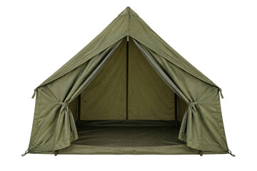 Olive green canvas military style tent isolated on a clean white background for outdoor camping © Sapphire