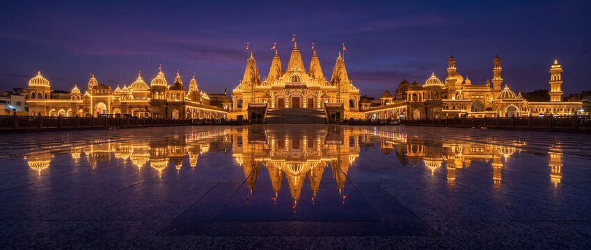 Hindu temple illuminated with bright warm lights at dusk with stunning night sky reflections below