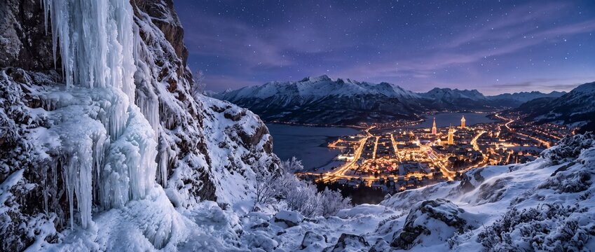 Tromso city winter landscape panoramic view featuring glowing night lights and frozen snowy mountains