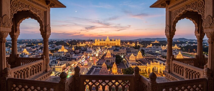 Palace illuminated during sunset viewed from traditional historic balcony with intricate stone carvings