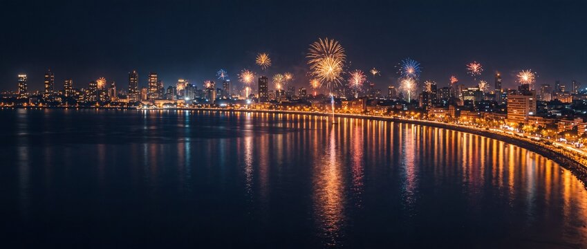 Fireworks exploding over illuminated coastal city skyline at night with bright colorful reflections in water