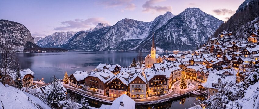 Hallstatt alpine village covered in fresh winter snow featuring illuminated houses and towering mountain backdrop