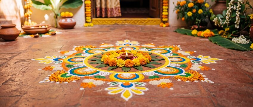Rangoli floor decoration design featuring colorful powder and traditional oil lamp for celebration festival