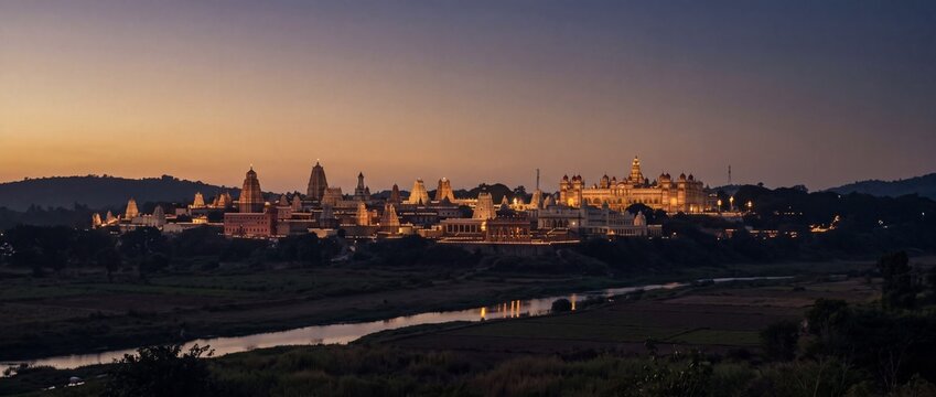 Palace and temples illuminated at twilight with glowing warm lights overlooking a dark landscape