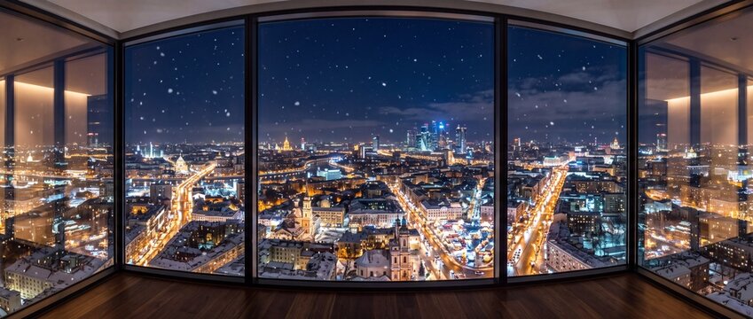 Panoramic city view through large floor to ceiling glass windows during winter snowfall at night