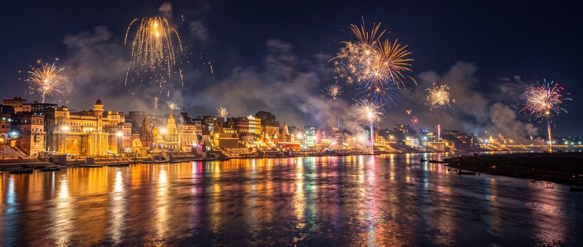 Vibrant fireworks exploding over glowing riverside architecture during celebration at night with reflections