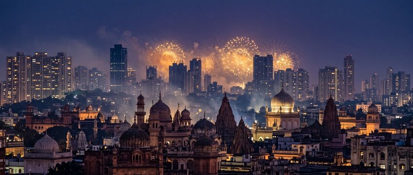 Indian cityscape skyline illuminated with golden fireworks celebrating festival night against dark blue sky