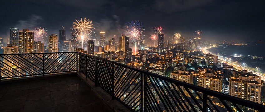 Cityscape fireworks illuminating modern skyscrapers and urban skyline during nighttime celebration from a high balcony